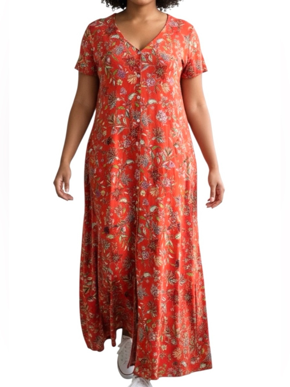 J. Jill Floral V-Neck Short Sleeve Button Down Maxi Dress Size L Coral Red